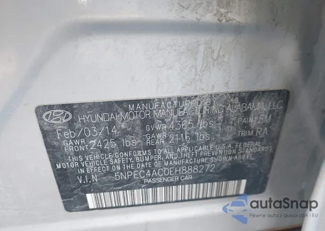 2014 Hyundai Sonata Se z USA, uszkodzony, nr VIN 5NPEC4AC0EH888272